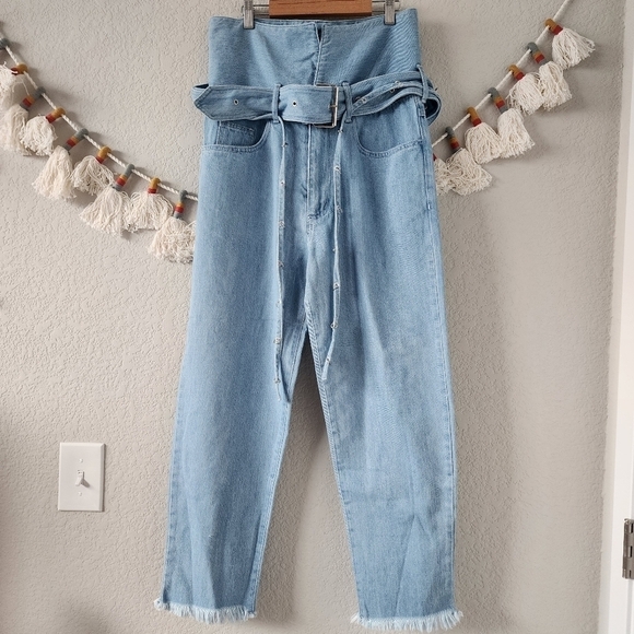 Marques Almeida Blue Denim Crossover Belted Buckle Jeans Designer Grunge Boho 6 - Picture 1 of 14